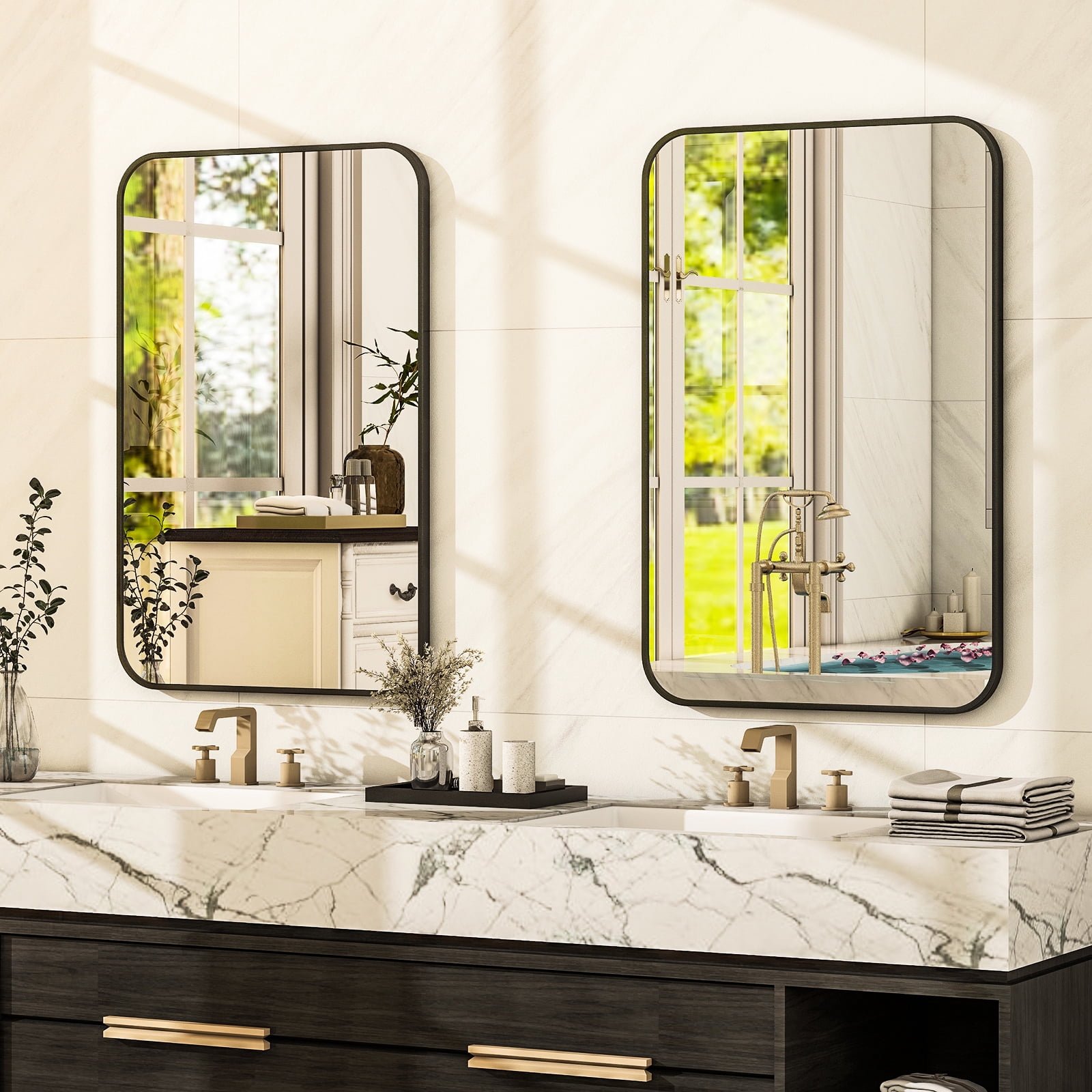 Lumora 28"x20" Rectangular Bathroom Mirror with Round Edge Wall Mounted Wall Mirror, Black