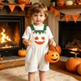 thumbnail image 3 of CAIVO Halloween Pumpkin Patchwork Striped Romper With Pockets For Boys Girls Casual Style Sleeveless Strap One-Pieces For Toddlers And Children Playwear, 3 of 3