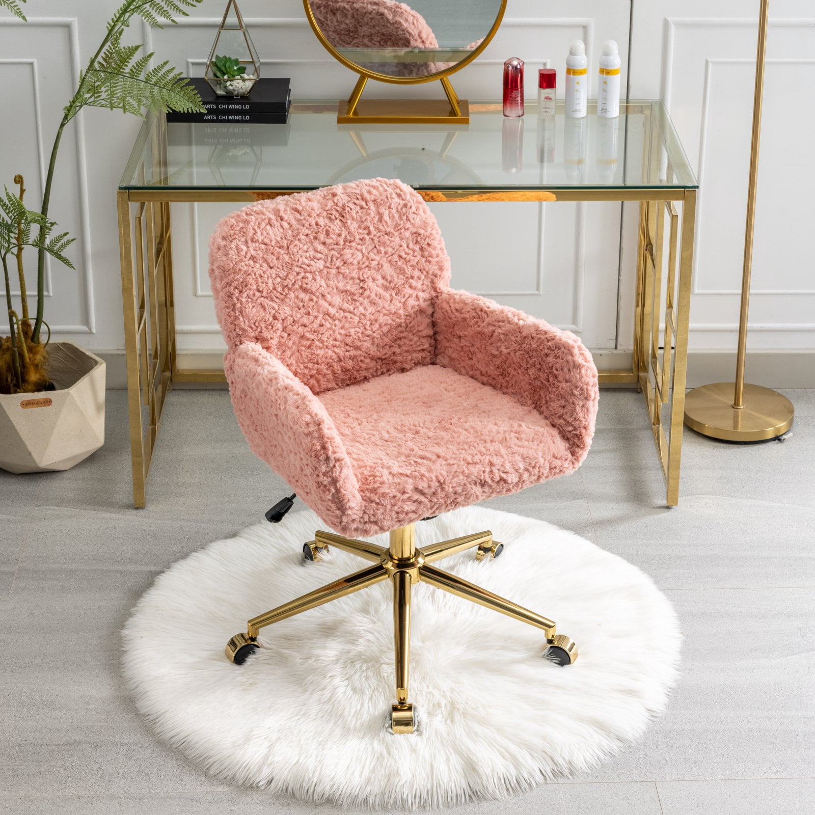 MAYEERTY Artificial Rabbit Hair Office Chair - Golden Metal Base, Adjustable Swivel, Vanity Chair, Pink