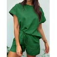 thumbnail image 6 of Women'S 2 Piece Solid Color Round Neck Casual Textured Fabric Short Sleeve Pajamas Sweatsuit Set Green XXL, 6 of 7