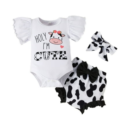 

IBTOM CASTLE Newborn Baby Girls Casual Clothes Ruffles Sleeve Romper + Fruit Floral Bottoms Shorts + Headband 3PCS Summer Birthday Outfits 6-9 Months Cow
