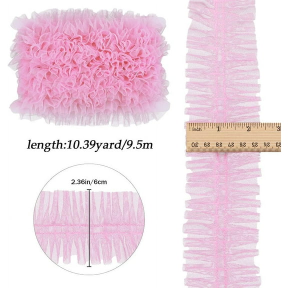 Polyester 10 Yards 6cm Wide Pleated Lace Trim Embroidery Ruffle Organza Edge Trim Ribbon Gathered Tulle Fabric Applique Edging Trimmings for Sewing Bridal Dress Costume Decoration Craft Pink