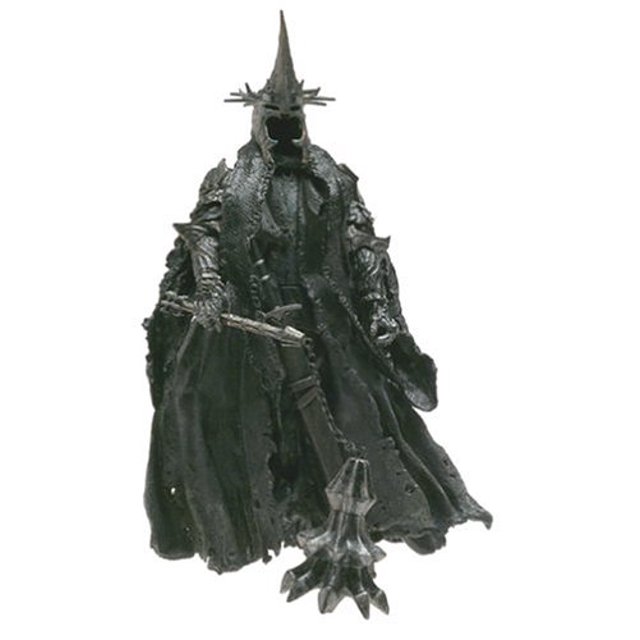 lord of the rings - the return of the king - morgul lord witch king with mace-weilding action figura de acción importada, vista frontal centrada de la figura negra con capa rasgada, casco puntiagudo con apertura vacía y textura de armadura, sostiene una maza grande en la mano derecha; a menudo usada como coleccionable para exhibición.