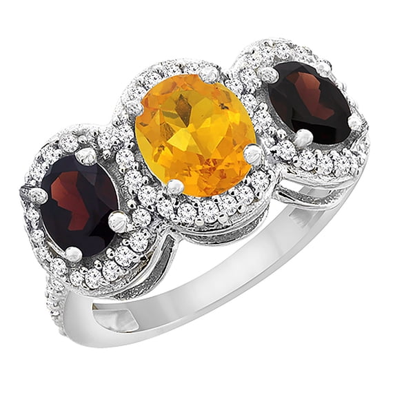 10K White Gold Natural Citrine & Garnet 3-Stone Ring Oval Diamond Accent, size 6