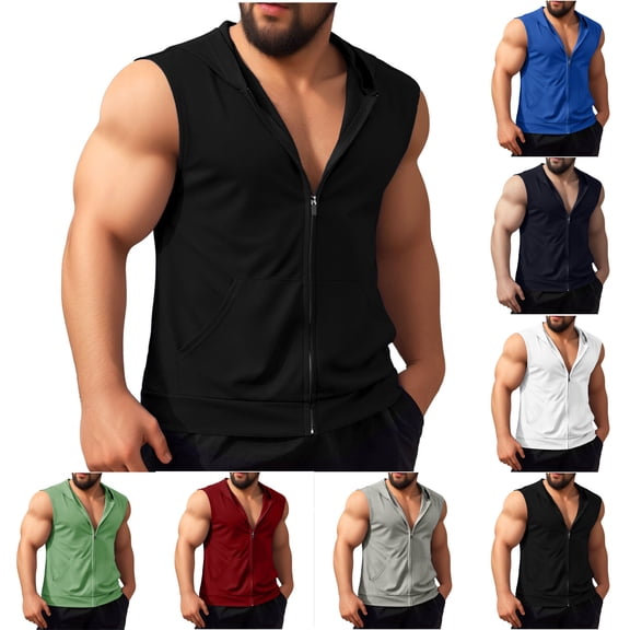 Mens Slim Fit Sleeveless Lightweight Zip Up Hooded Sweatshirt Vest Cotton Twill Hoodie Size 3XL White