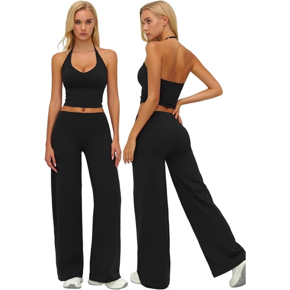 PISONIC Womens Workout Sets Two Piece Halter Crop Top Matching Straight Leg Pants Gym Work Pilates Outfits