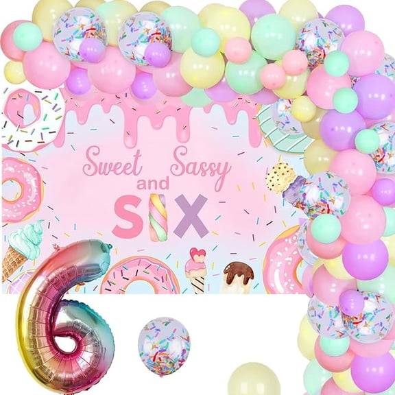Sweet Sassy And 6 Birthday Decor Backdrop Sweet 6th Birthday Party Decor for Girls Ice Cearm 6th Dount Party Banner Pastel Donut Balloon Garland Kit with Number 6 Balloon Supplies for Girl