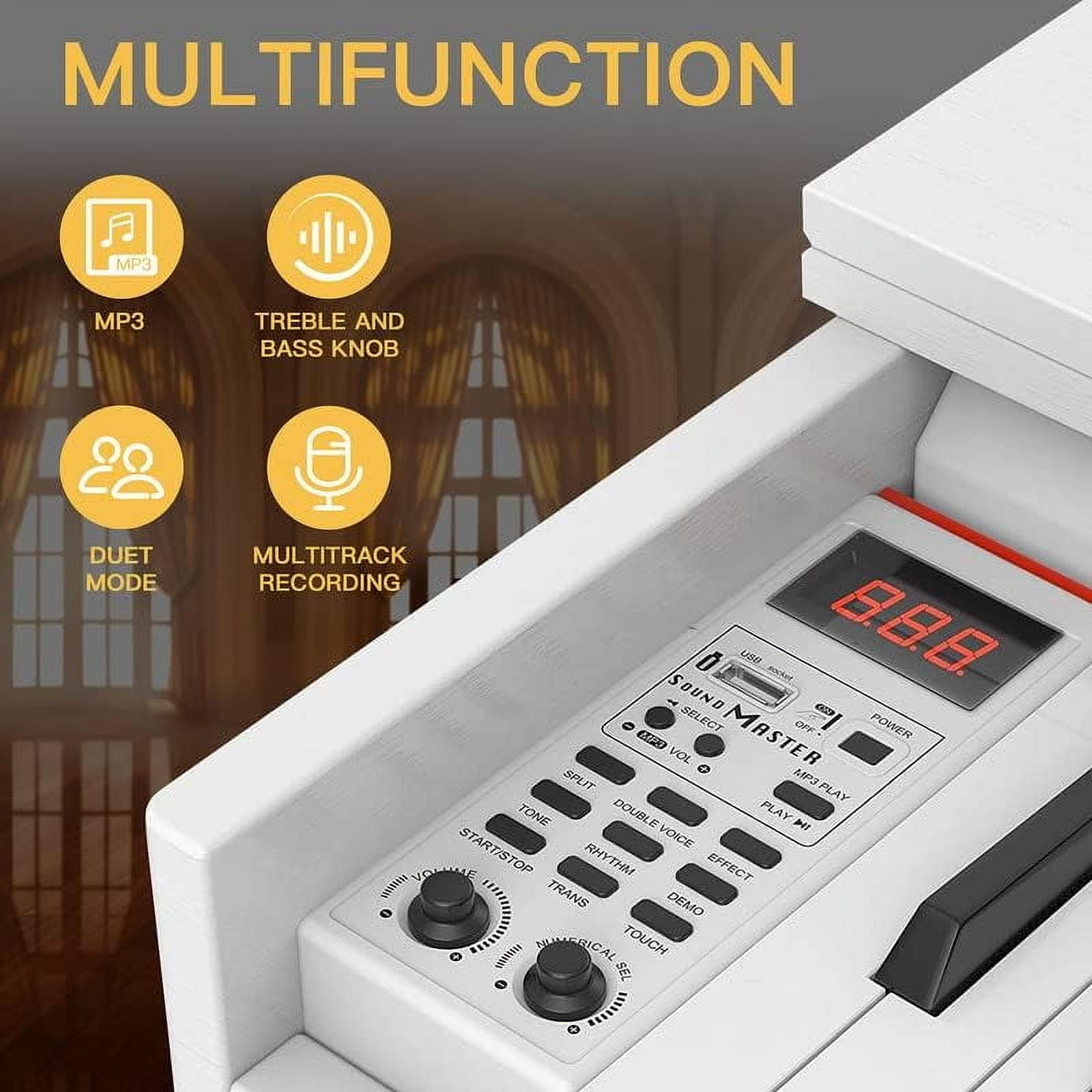 HEXANT 88-Key Weighted Digital Piano, Full-Size Semi-Weighted Upright Flip Electric Keyboard Piano with 3 Pedal and Multi-Functional Keyboard for Beginner(with Bench,White)