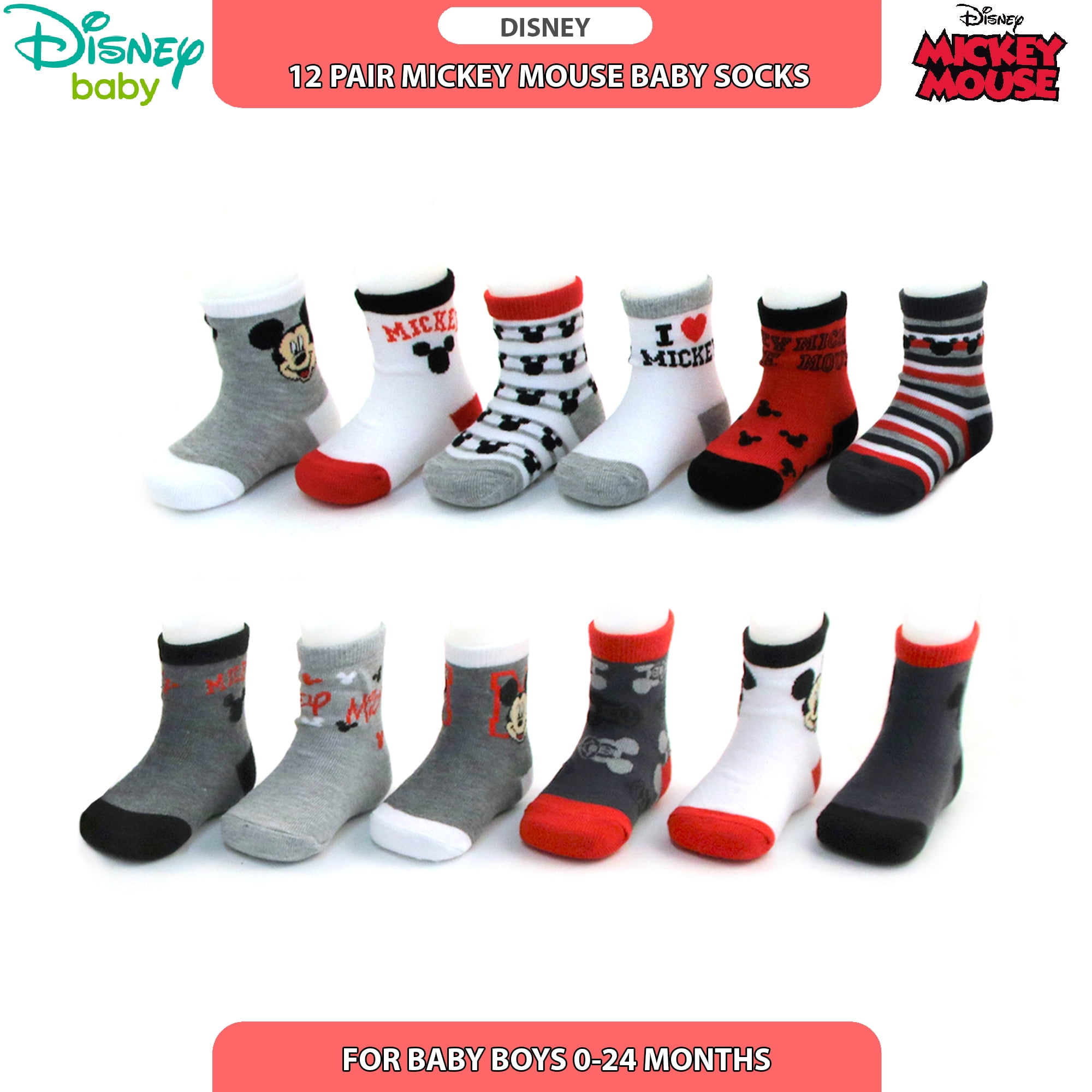 Age 0-24M Disney Baby Boys Mickey Mouse Assorted Color Design 12 Pair Socks Set