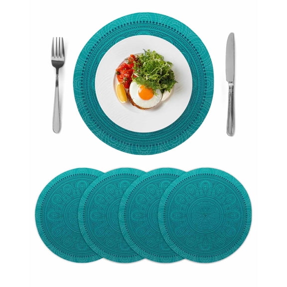 Teal Boho Round Placemats Set of 4 for Dinning Tables,Heat-proof Braided Table Mats 13 Inch,Farmhouse Abstract Geometric Aesthetic Art Washable Place Mat for Kitchen Restaurant Party Table Decor