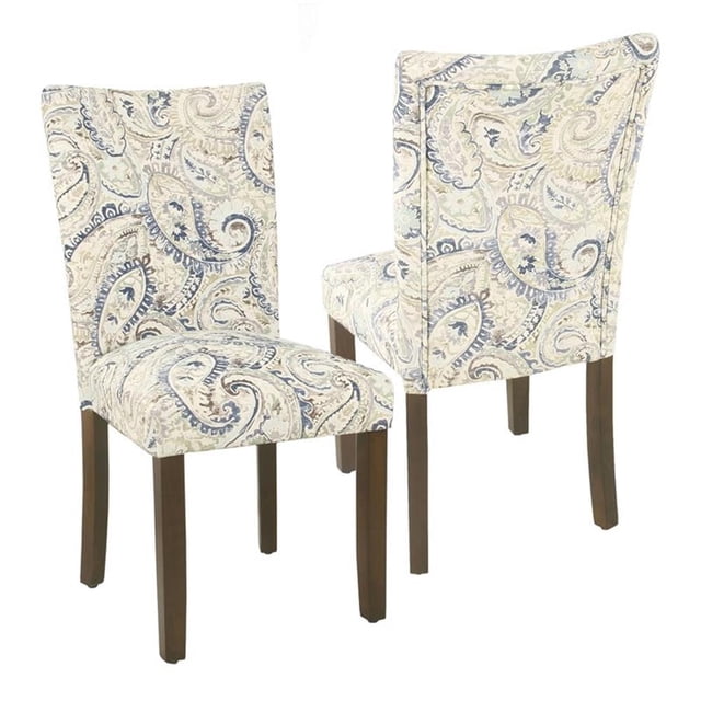 HomePop Chaises de Salle à Manger Parsons en Velours Cachemire de 38 Pouces en Bleu et Brun, Vendues en Ensemble de 2. Ces Chaises Présentent un Imprimé Cachemire en Velours Inspiré de l'Aquarelle dans des Nuances de Bleu et de Brun sur un Tissu en polyester. les Coussins de Fermeté Moyenne Offrent Confort et Durabilité, Soutenus par une construction de Siège à Ressort Sinueux. les Chaises Ont des Pieds en Bois Franc et en Bois de Caoutchouc avec une Riche Finition Brune. les Dimensions Sont de 38 Pouces de Hauteur, 19 Pouces de Largeur et 23
