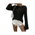 thumbnail image 3 of Qmyliery Women Trendy Hollow-Out Tops, Crochet Solid Color Crew Neck Long Sleeve Knitted Tops with Flare Cuffs for Ladies, S/M/L/XL, 3 of 9