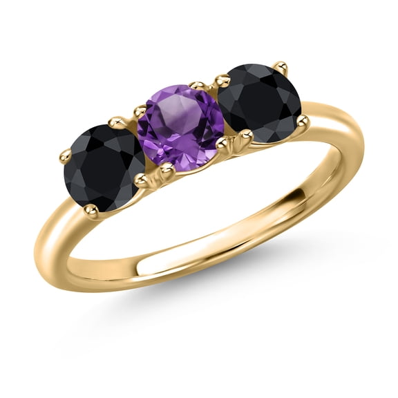 Gem Stone King 10K Yellow Gold Purple Amethyst and Black Sapphire Engagement Ring for Women | 1.86 Cttw | Round 5MM | Gemstone February Birthstone | Size 7