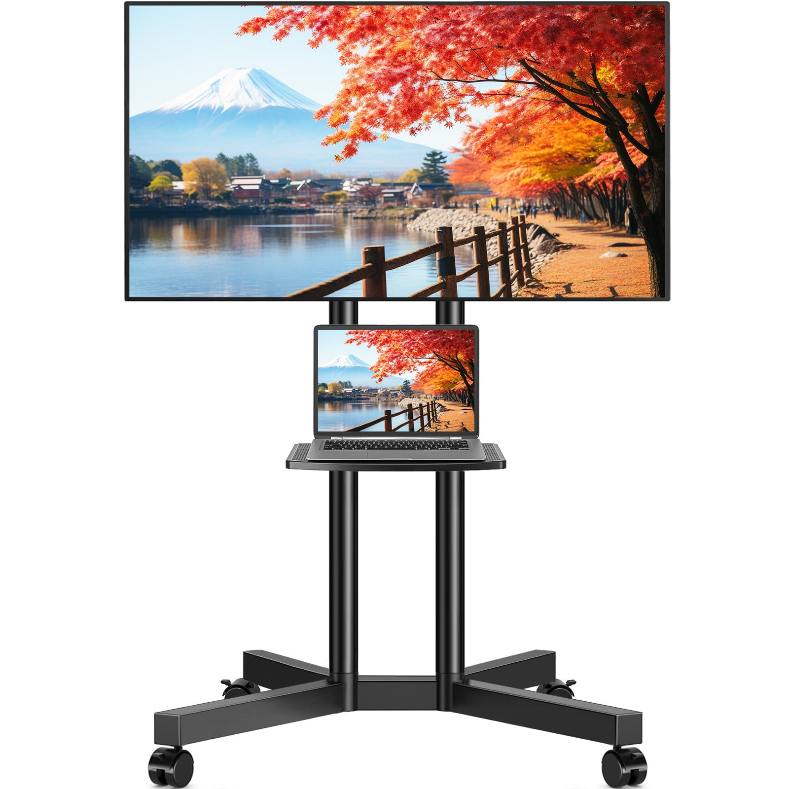 RTVR Rolling Mobile TV Cart Stand on Wheels for 32 to 75 inch Flat Curved Screens, Portable Movable TV Stand with Shelf, Modern Black