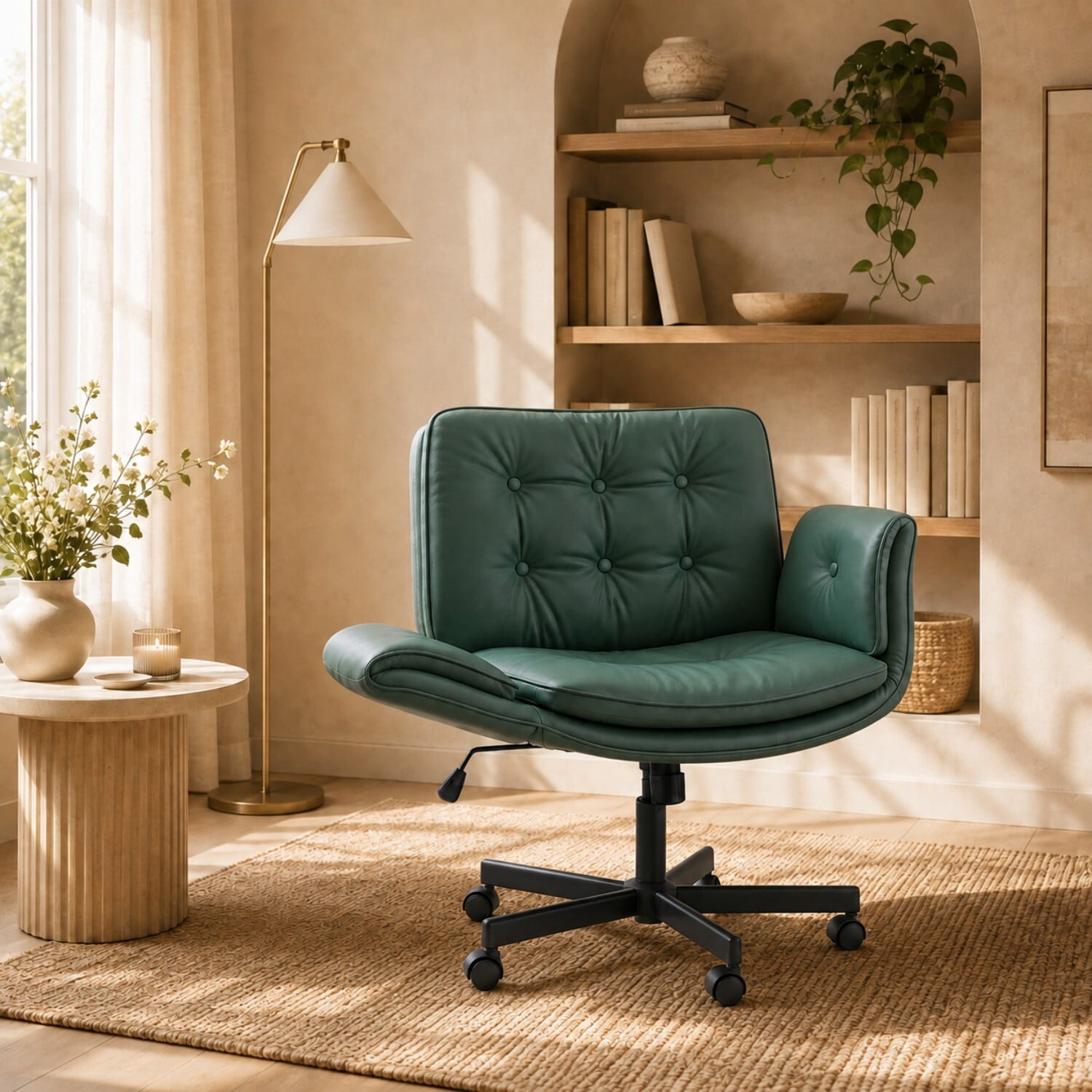 Easy4Home Criss Cross Office Chair with Wheels and Adjustable Armrests, Wide Seat PU Leather Swivel Computer Desk Chair, Dark Green