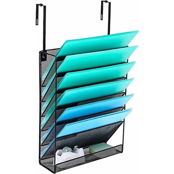 7-Compartment Wall Mounted Hanging File Organizer Cubicle Wall File Holder Vertical Document Organizer for Office Home, Black