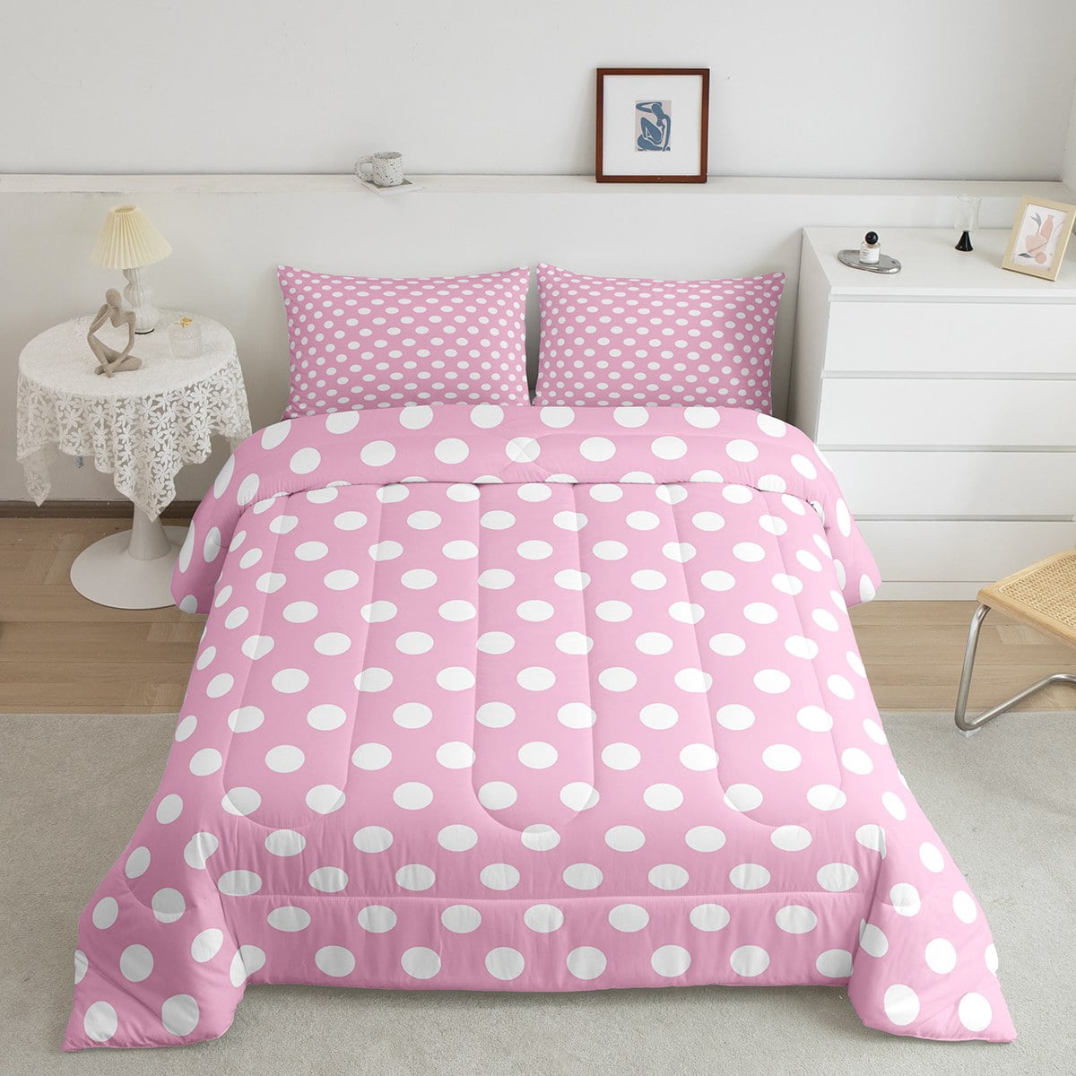 jejeloiu Geometric Circle Full Size Comforter Sets,Modern Geometric Aesthetic Bedding Comforter Set,Pink White Bedding Sets For Girls,Microfiber Room Decoration Reversible,3pcs
