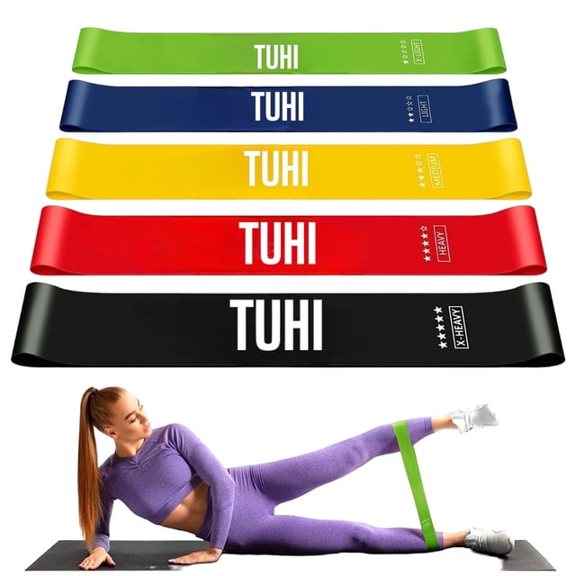 TUHI Resistance Bands for Exercise (Set of 5) - Non-Slip Elastic Loop Workout Bands - Workout Equipment for Home, Gym, Strength, Pilates, Yoga, and Stretch - Travel Carrying Case Included