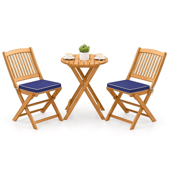 Costway 3PCS Patio Folding Wooden Bistro Set Cushioned Chair Conversation