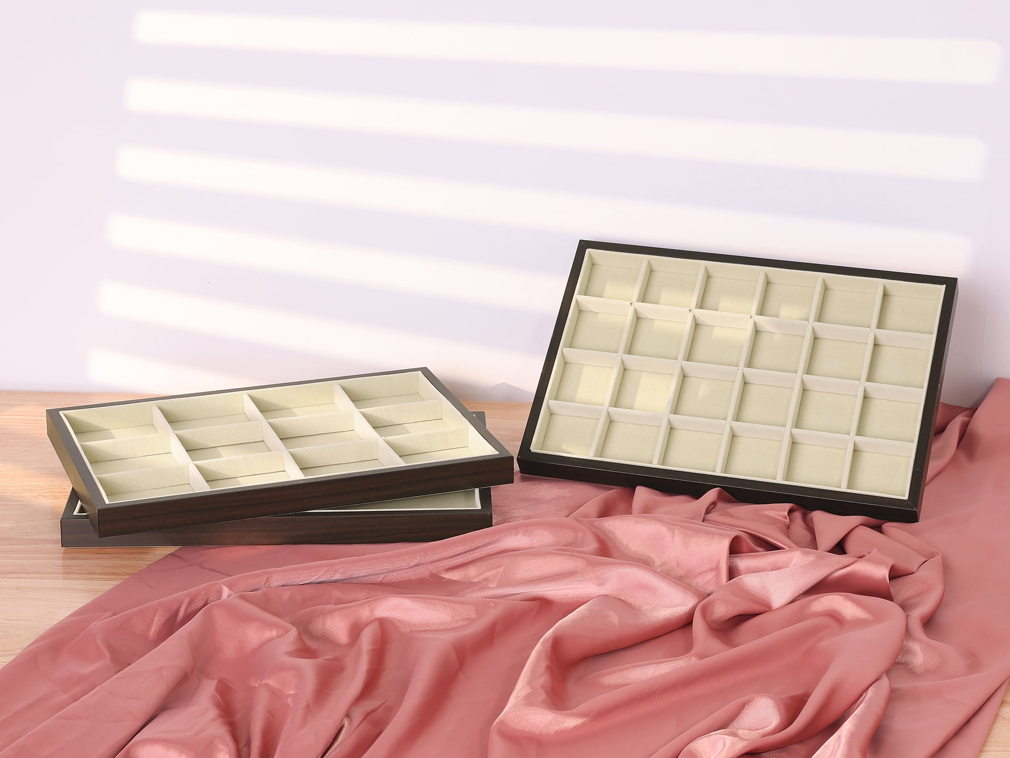 Unique Bargains 2 Stackable Velvet Jewelry Boxes Organizer Trays with Removable Dividers Black Flat Tray