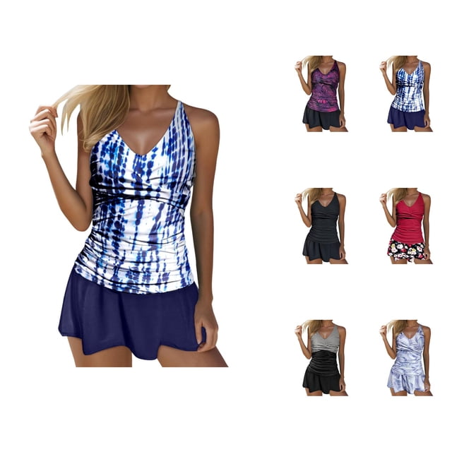 Womens Tankini Bathing Suits 2026 Casual Modest Striped V Neck Strappy Bikini Top with Bottom Two Piece Bathing Suits Woman