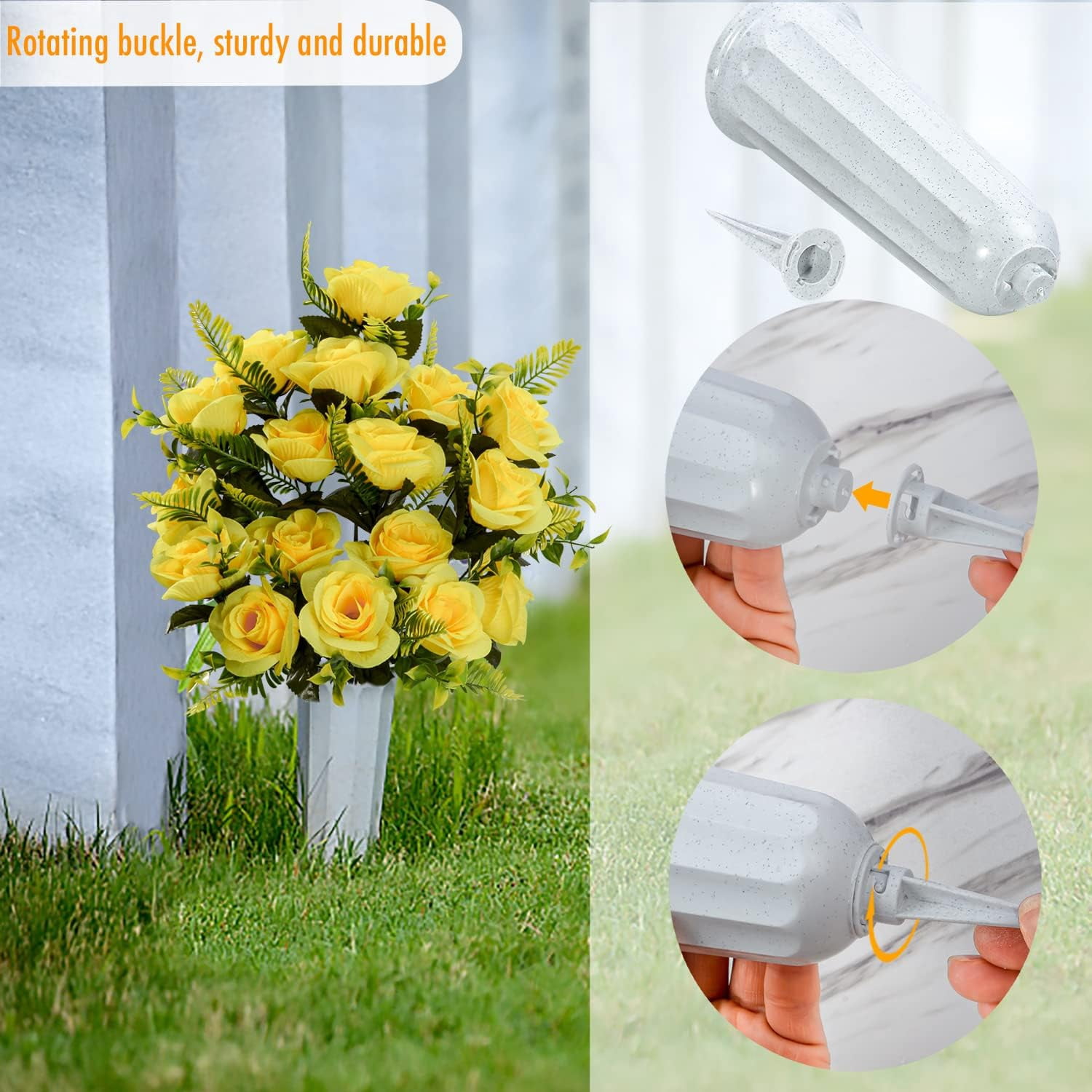 Artificial Cemetery Flowers with Vase, Set of 2 Artificial Rose Bouquet Graveyard Memorial Flowers for Cemetery Headstones Decoration (Yellow-2Pcs)