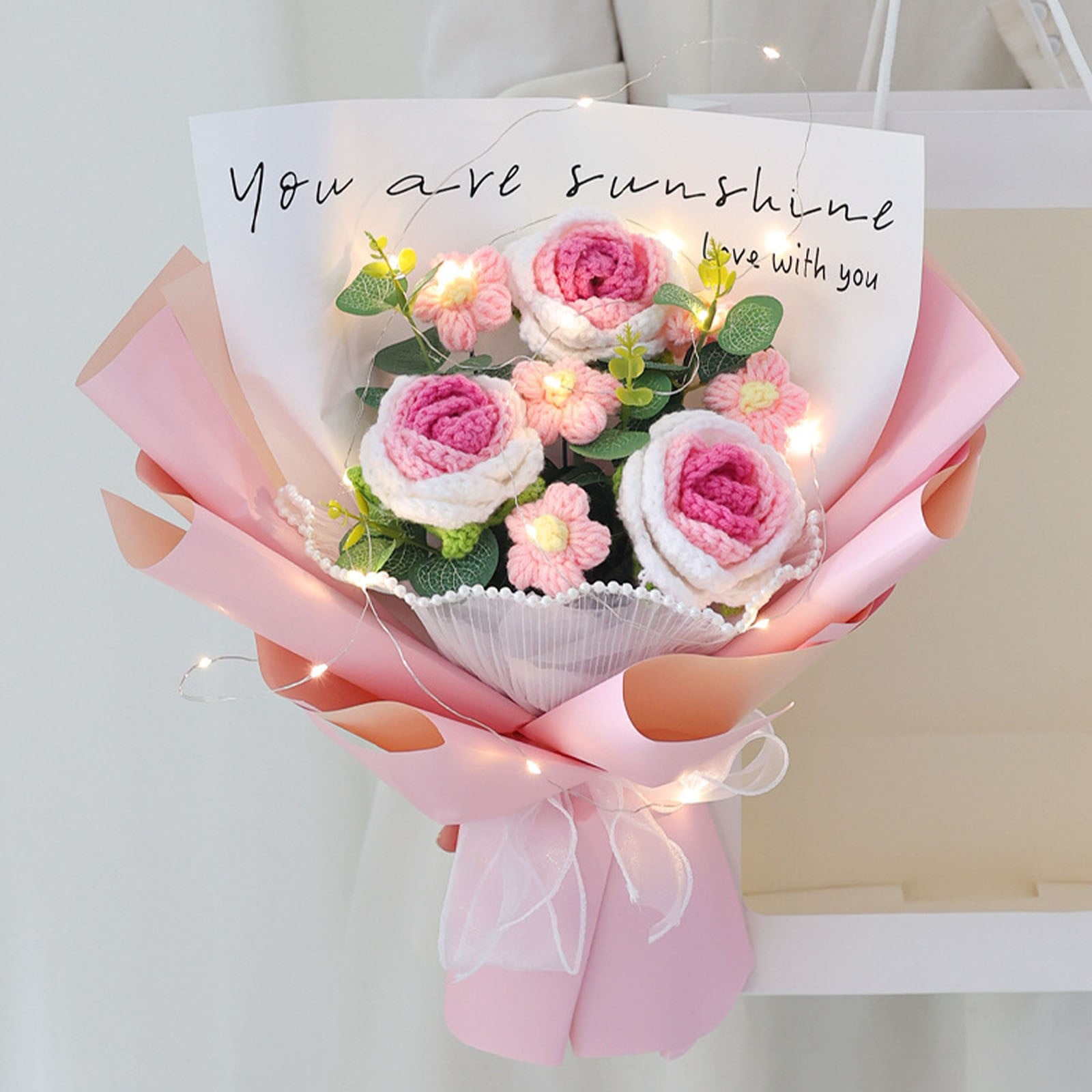 Crochet Pink Flowers Bouquet Gift for Women, 1Pcs Handmade Crochet Rose Sunflower Flower, Graduation Bouquet, Artificial Knitted Bouquet with LED Light for Graduation Weddings Gift and Home Decoration