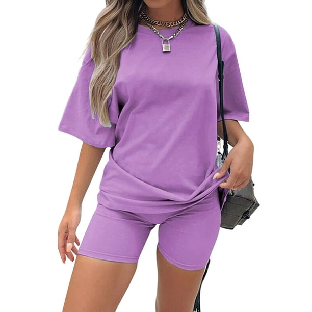 Mawclos vêtements de sport pour femmes tenues à col rond taille élastique  survêtement ensemble sport décontracté deux pièces survêtement 1 # violet L  
