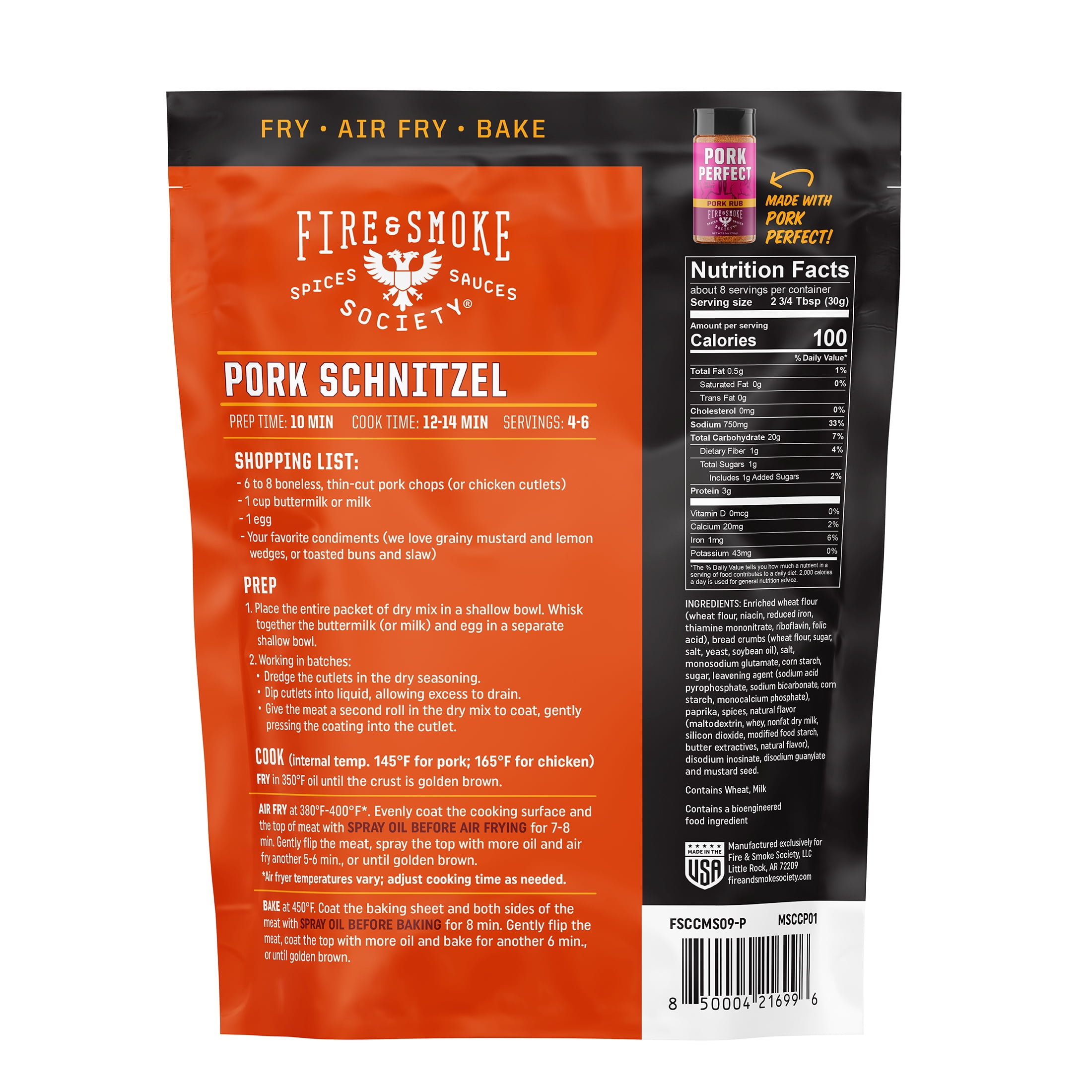 Fire & Smoke Society Mr. Schnitzel Crispy Coating Fry Mix, Pork, Chicken, & Turkey, 9.5 Ounce Box Makes 8 Servings