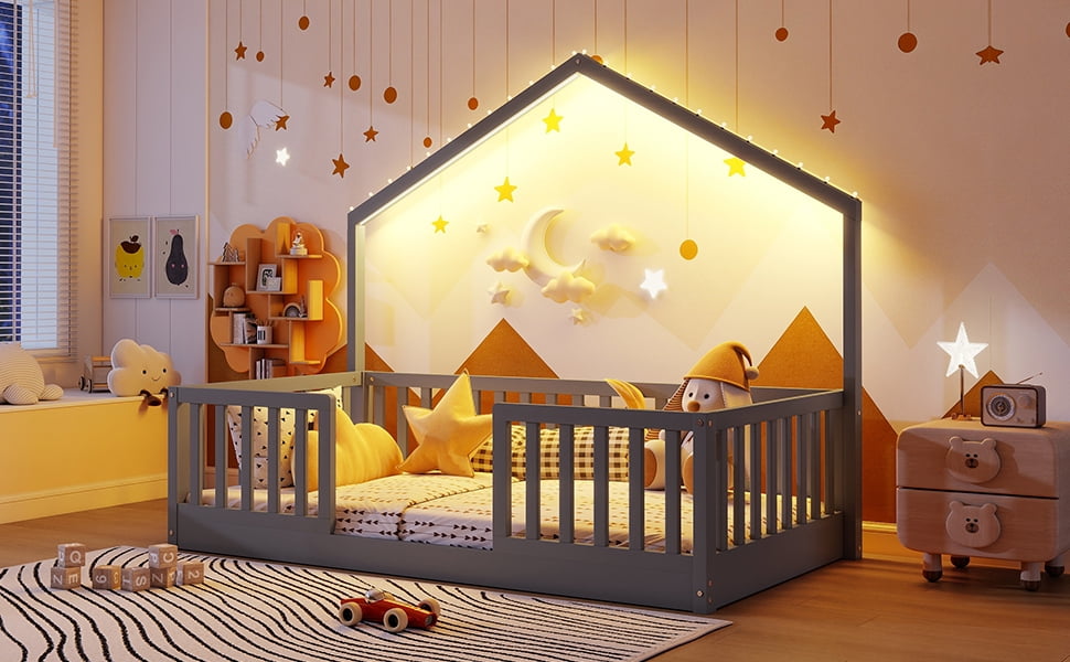 Twin Floor Bed with High Rails, Wooden Montessori Bed Frame with Single Color Light and House Shape Design, Low Profile Beds for Kids, twin bed frames Gray