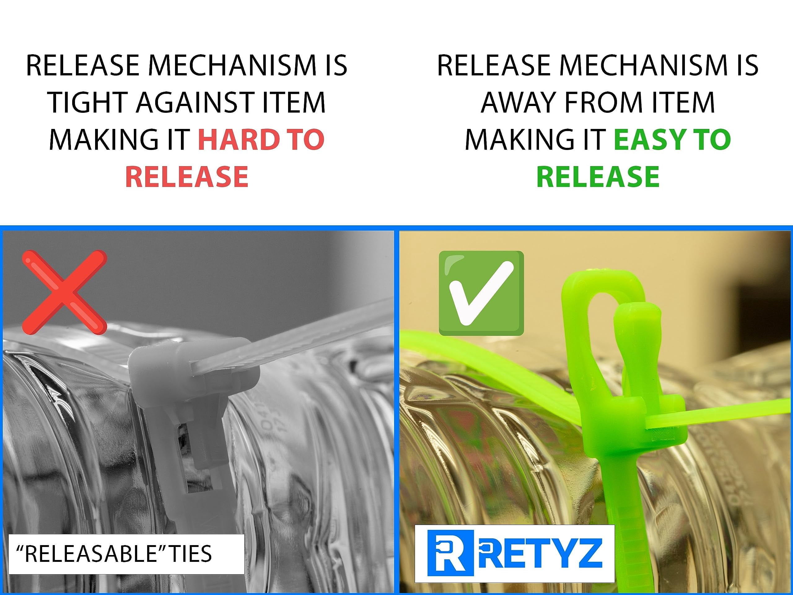 RETYZ 10-Inch Red Reusable Releasable Cable Ties - 100 Pack, 50 lb Strength, Patented Quick-Release, Tool-Free Design for Home, Office, and Light Industrial Use CA1