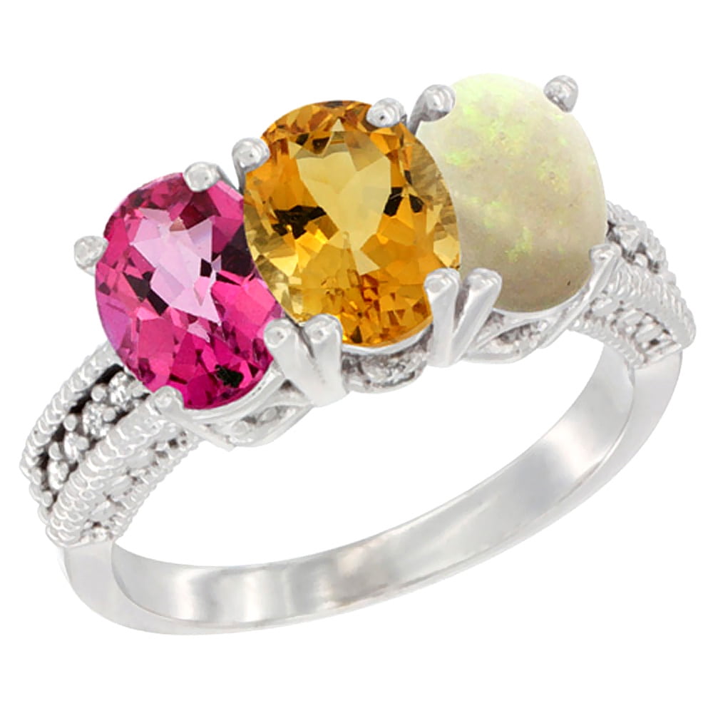 10K White Gold Natural Pink Topaz, Citrine & Opal Ring 3-Stone Oval 7x5 mm Diamond Accent, sizes 5 10 by WorldJewels