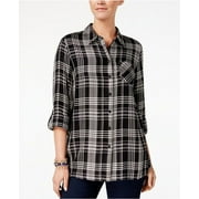 Style & Co Women's Petite Cotton Tab-Sleeve Plaid Shirt Black Size Petite
