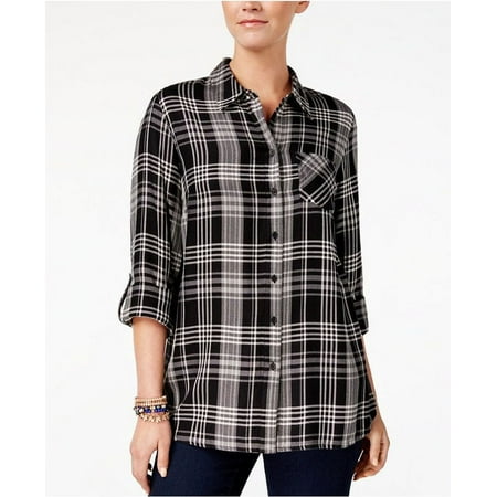 Style & Co Women's Petite Cotton Tab-Sleeve Plaid Shirt Black Size Petite