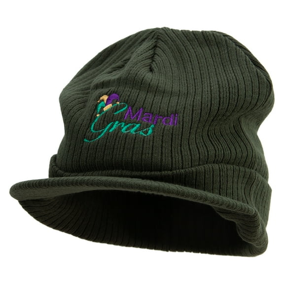 Mardi Gras with Jester Embroidered Big Knit Ribbed Beanie with Visor - Olive XL-3XL