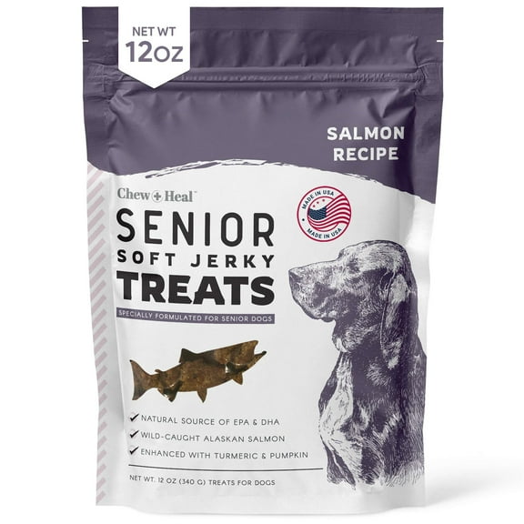 Chew   Heal Seniors Soft Jerky Salmon Dog Treats - 12 oz of Omega Jerky - Dog Joint Supplement with Wild Alaskan Salmon and Turmeric - Made in the USA