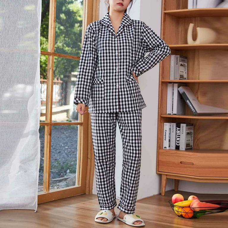 Summer Clearance Sale TMOYZQ Cotton Pajama Set for Women Soft Plaid Long Sleeve Flannel Pajamas Set Button Down Sleepwear Pj Set 2 Piece Lounge Set with Pockets Walmart
