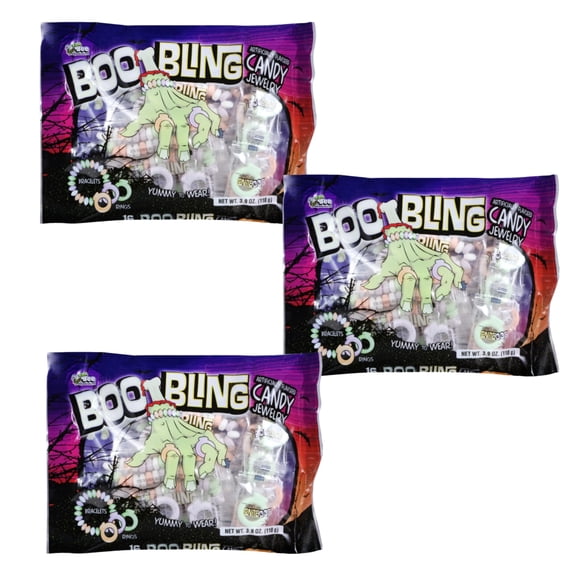 Boo Bling Candy Jewelry 16Cts Bracelets Rings Halloween Edible Candies Snacking Trick or Treats Candy Bowl Goodies Bag Filler Christmas Stocking Stuffer Party Favors Pack of 3 w/ Bonus Wiuygd