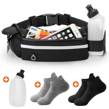 Odoland Running Belt Set, Water Bottle 2 No Show Athletic Running Socks Multifunction Phones Waist Pack