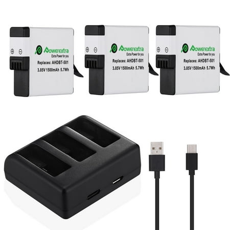 Powerextra 3-Pack AHDBT-501 1500mAh 3.8v Replacement Battery For GoPro HERO 5 HERO5 Camera + Micro USB Type-C DC Battery