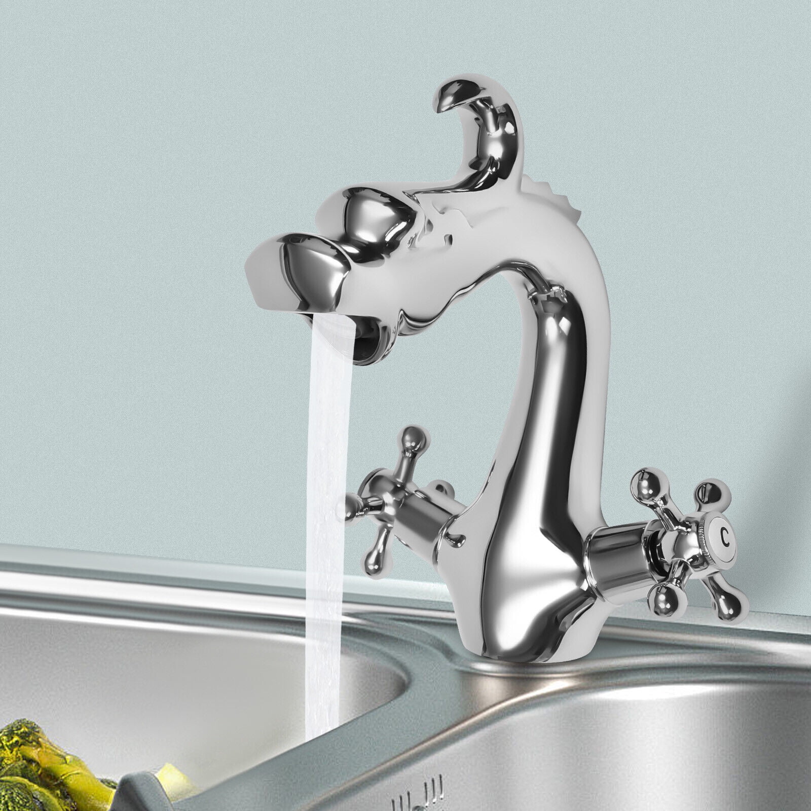 Dragon Shape Silver/Gold Two-Handle One Hole Bathroom Sink Mixer Tap Faucet for Homes, Restaurants, Shopping Centers