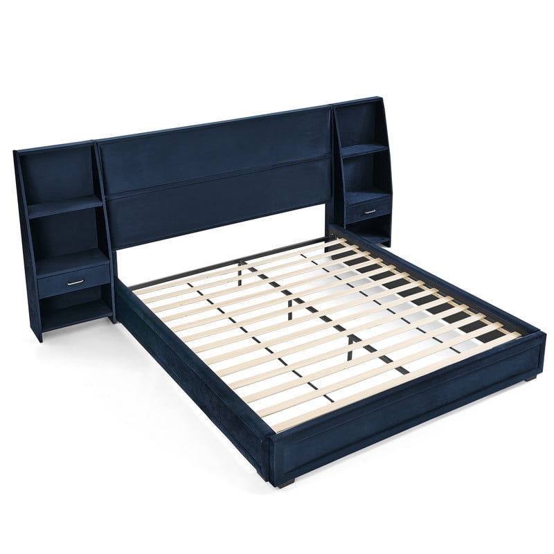 Queen/King Size Modern Upholstered Platform Bed Frame, Velvet Storage Bed with Headboard, Side Bookcases & Drawers Nightstand