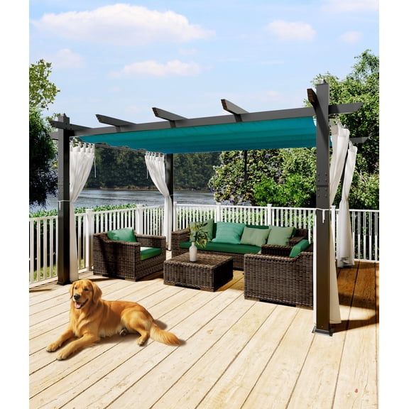10 x 13 ft Outdoor Pergol Metal Gazebo with Adjustable Canopy Reinforced Frame Outdoor Shelter for Backyard Patio Garden Deck - Blue with Curtains Mosquito Netting