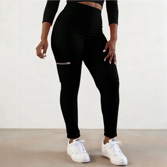 Juslio Women Pants Elastic Waist High Elastic Elastic Waist Zipper with Pockets Workout Sporty Yoga Pants Comfortable Leggings