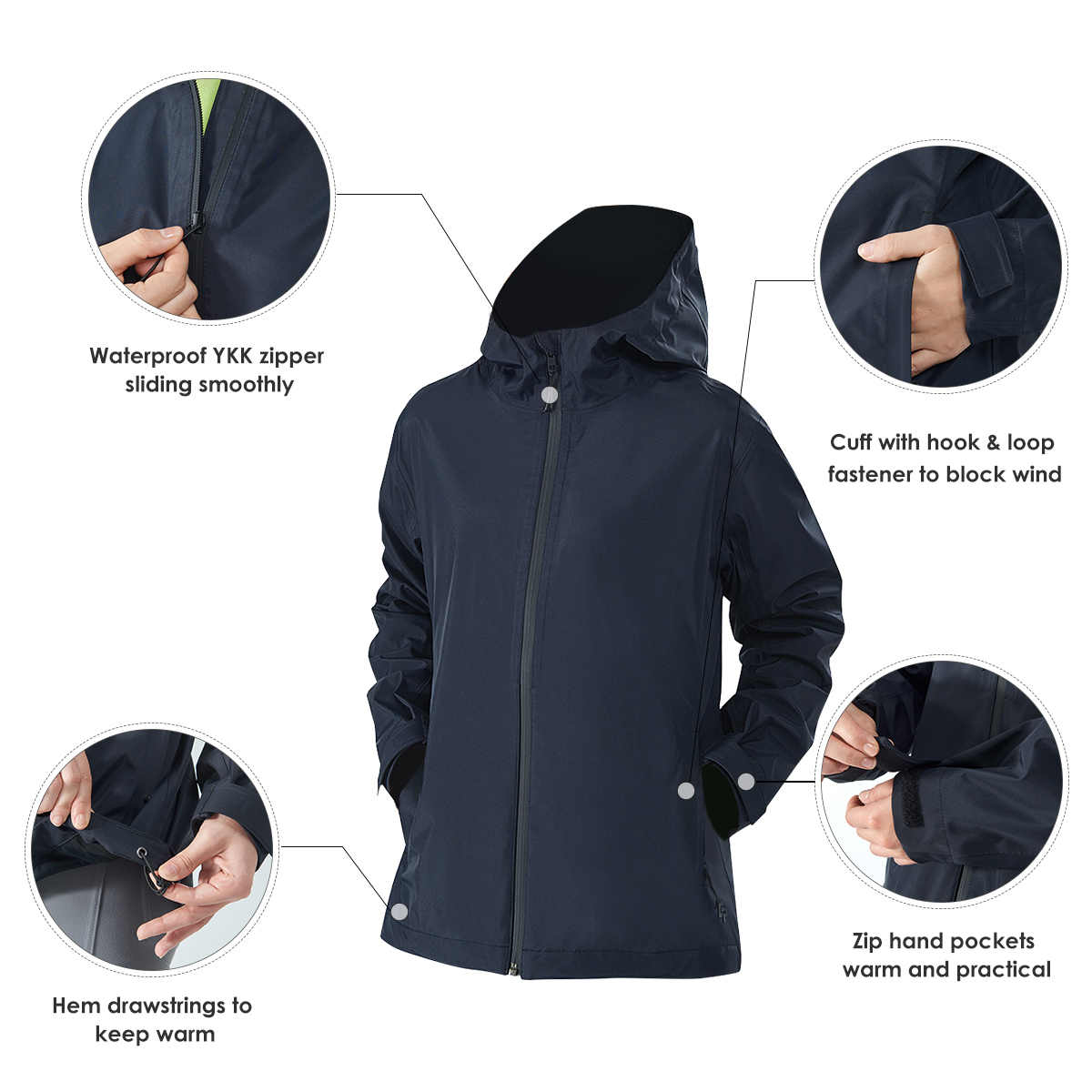 Gymax Women' Waterproof Jacket Hooded Coat w/Cuff Camping Navy Size L - image 6 of 10