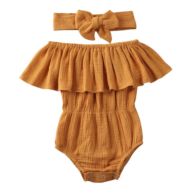 Combinaison à Manches à Volants pour Fille, Couleur Unie Classique, Épaules Dénudées + Bandeau