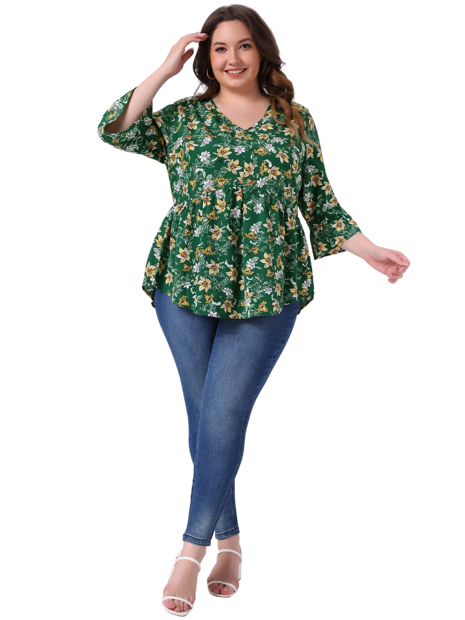 Women's Plus Floral Blouses V Neck Ruffle 3/4 Sleeve Babydoll Peplum Tops 2X Green