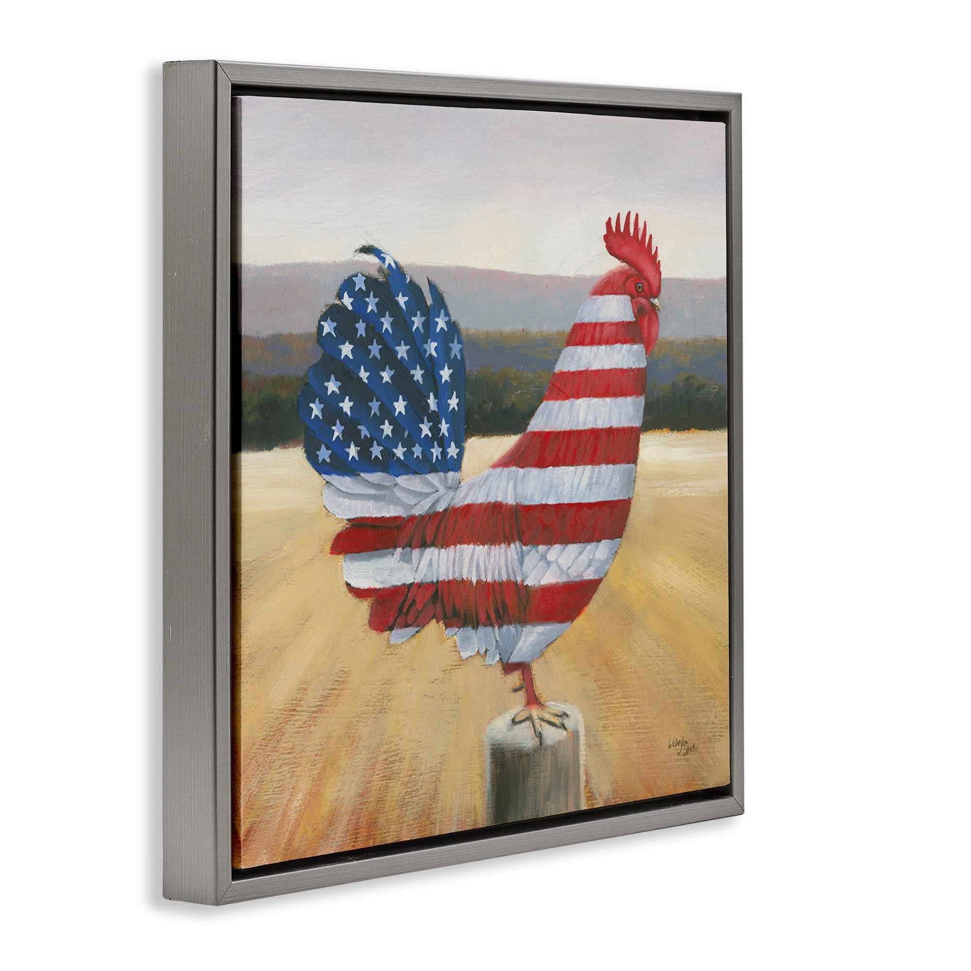 Stupell Industries American Flag Rooster Animals & Insects Painting Gray Floater Framed Canvas Art Print Wall Art, 18 x 18