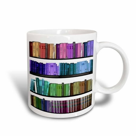 3dRose Colorful bookshelf books - Rainbow bookshelves - reading book geek library nerd - librarian author, Ceramic Mug, 15-ounce