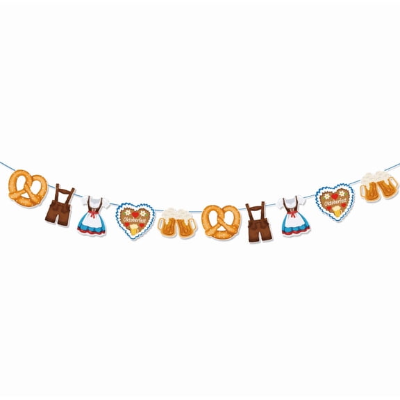 Oktoberfest Party Garland Banner, Festive Decoration with Pretzels, Beer Mugs, and Lederhosen